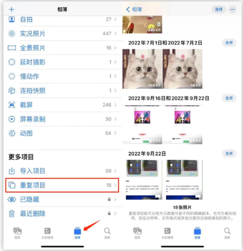 江津苹果手机维修分享iOS 16 中相册重复项目功能使用方法 